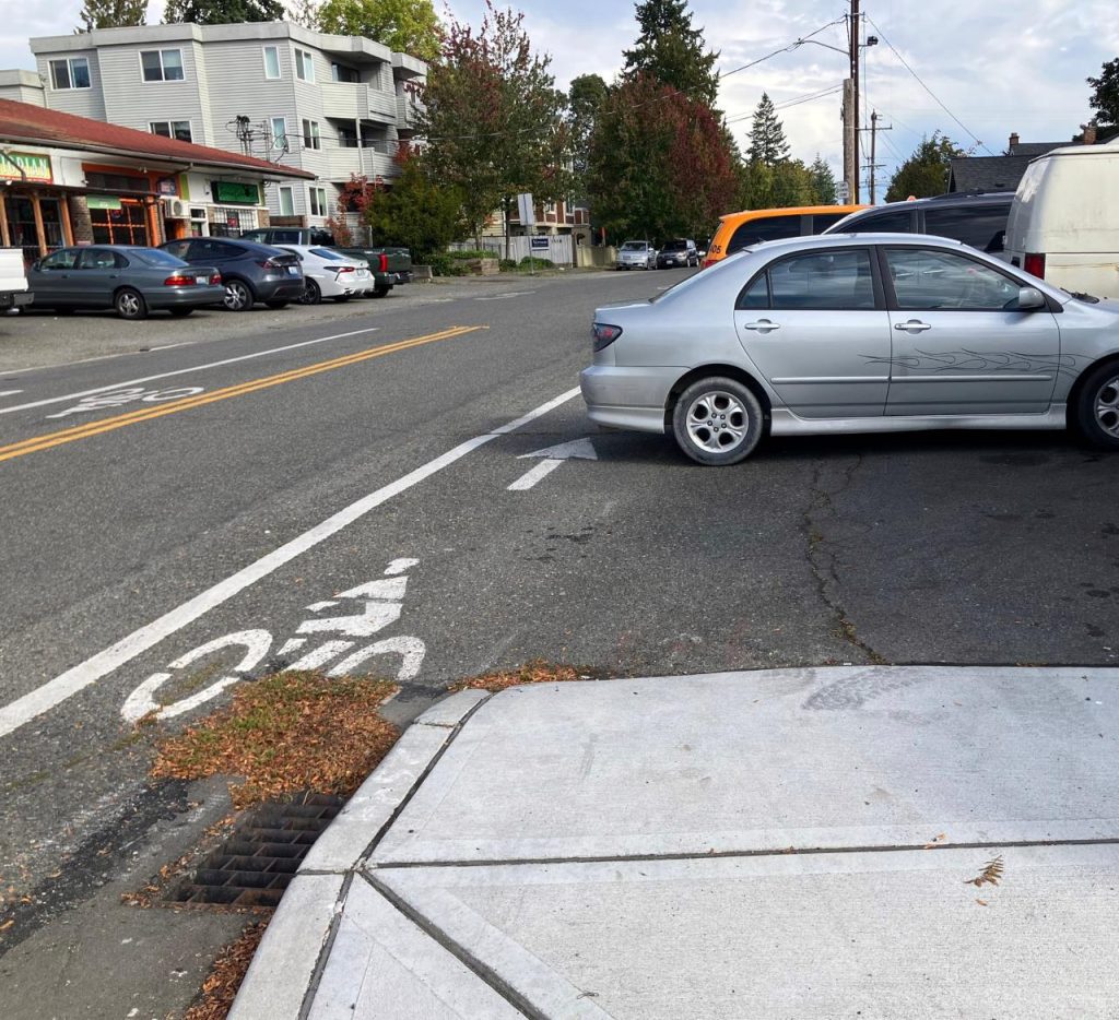 a sidewalk gives way to angle parking.