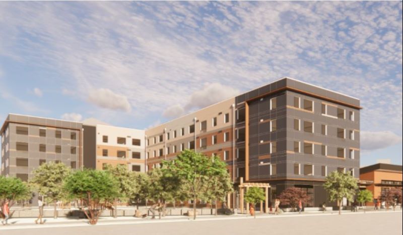 A rendering shows a five-story apartment complex next to tree-lined courtyard.
