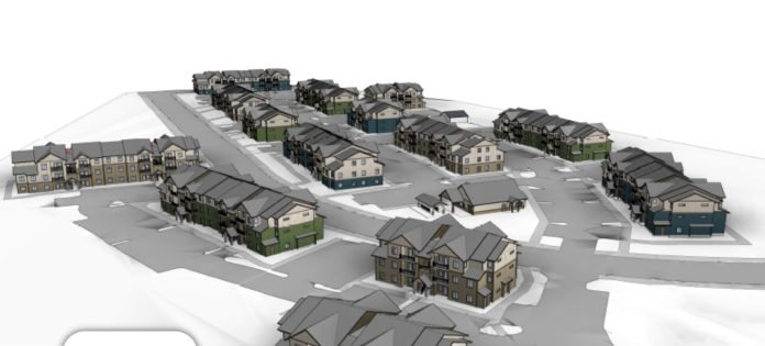 Cedar Flats crop by Pierce County A rendering shows a cluster of lowrise apartment buildings surrounded by surface parking and access roads.