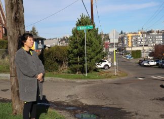 Despite Sidewalk Funding Boost, Some Seattle Neighborhoods Still Feel Shortchanged Dana is an Asian woman with black hair wearing a gray coat. She stands on a sidewalk-less corner by a utility pole. In the distance are some large apartment complexes.