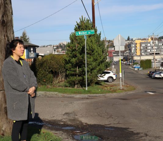 Despite Sidewalk Funding Boost, Some Seattle Neighborhoods Still Feel Shortchanged Dana is an Asian woman with black hair wearing a gray coat. She stands on a sidewalk-less corner by a utility pole. In the distance are some large apartment complexes.