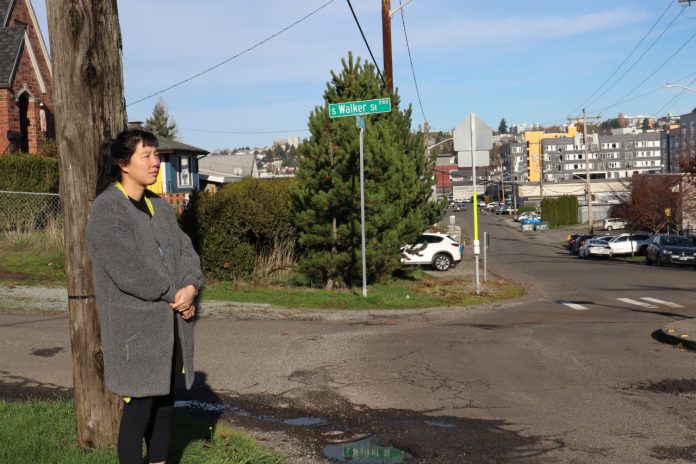 Dana is an Asian woman with black hair wearing a gray coat. She stands on a sidewalk-less corner by a utility pole. In the distance are some large apartment complexes.