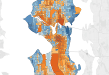 Katie Wilson’s Path to Election Victory, Precinct by Precinct A color-coded precinct map of Seattle. Harrell precincts are in blue.