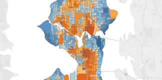 A color-coded precinct map of Seattle. Harrell precincts are in blue.