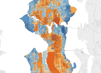 Katie Wilson’s Path to Election Victory, Precinct by Precinct A color-coded precinct map of Seattle. Harrell precincts are in blue.