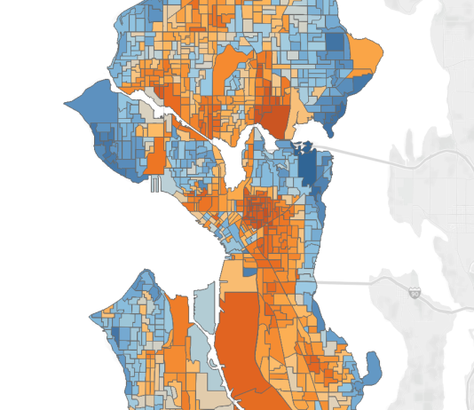 Katie Wilson’s Path to Election Victory, Precinct by Precinct A color-coded precinct map of Seattle. Harrell precincts are in blue.