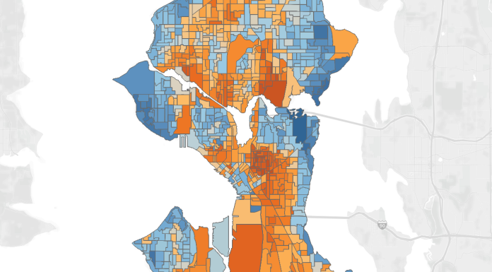 Katie Wilson’s Path to Election Victory, Precinct by Precinct A color-coded precinct map of Seattle. Harrell precincts are in blue.