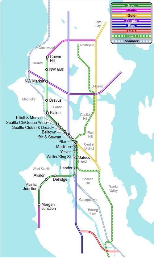 The Green Line is the West to Ballard monorail and a Yellow Line connecting the Lake City, the University of Washington, and Central District is also envisioned. A crosstown purple line from Ballard to Sand Point