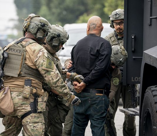 UW Report: Immigration Agents Still Accessing WA Driver Data An image of I.C.E. "enforcement and removal operation" in Los Angeles provided by the Department of Homeland Security shows three large agents in camo and battle helmets handcuffing a bald man.