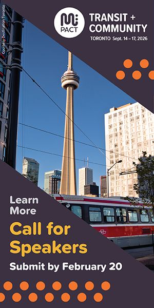 A graphic with a red train and Toronto’s CN Tower and mPact logo says 