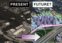 Op-Ed: Light Rail Could Transform Bellevue’s Eastgate into Urban Oasis A before and after image shows Eastgate now (low-slung sprawl) and after an urban transformation with midrise and some highrise towers