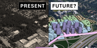Op-Ed: Light Rail Could Transform Bellevue’s Eastgate into Urban Oasis A before and after image shows Eastgate now (low-slung sprawl) and after an urban transformation with midrise and some highrise towers