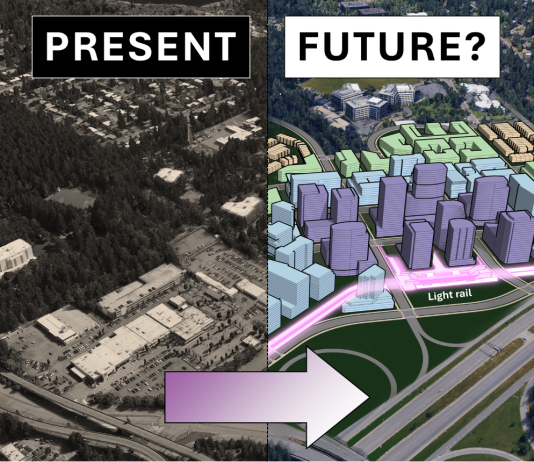 Op-Ed: Light Rail Could Transform Bellevue’s Eastgate into Urban Oasis A before and after image shows Eastgate now (low-slung sprawl) and after an urban transformation with midrise and some highrise towers