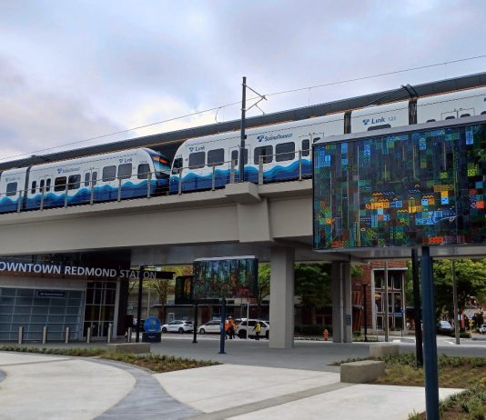 Olympia Seeks to Boost Sound Transit with Long Overdue Permit Reforms A 2 Line train sits at Sound Transit's elevated light rail station in Downtown Redmond.