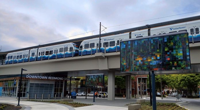 Olympia Seeks to Boost Sound Transit with Long Overdue Permit Reforms A 2 Line train sits at Sound Transit's elevated light rail station in Downtown Redmond.